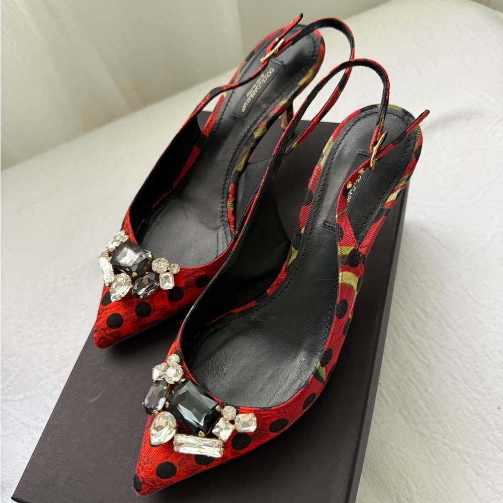 Dolce & Gabbana Red Polka Dot Embellished Heels size 7 - Picture 3 of 12